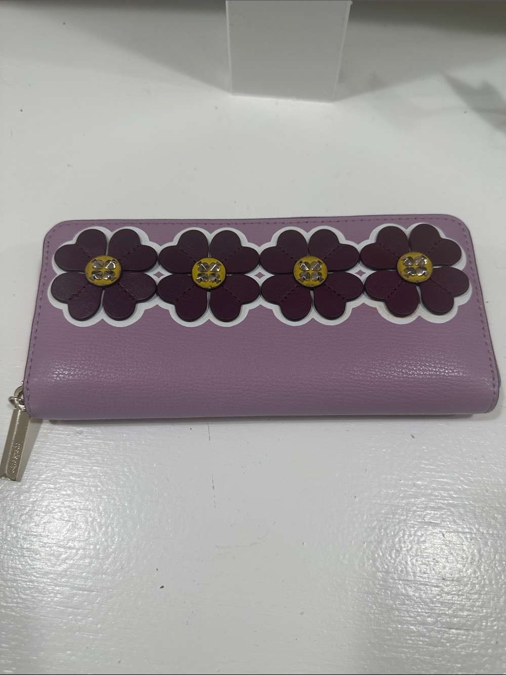 kate spade Lilac Wallet with Burgundy Flower Row and Gold Centers